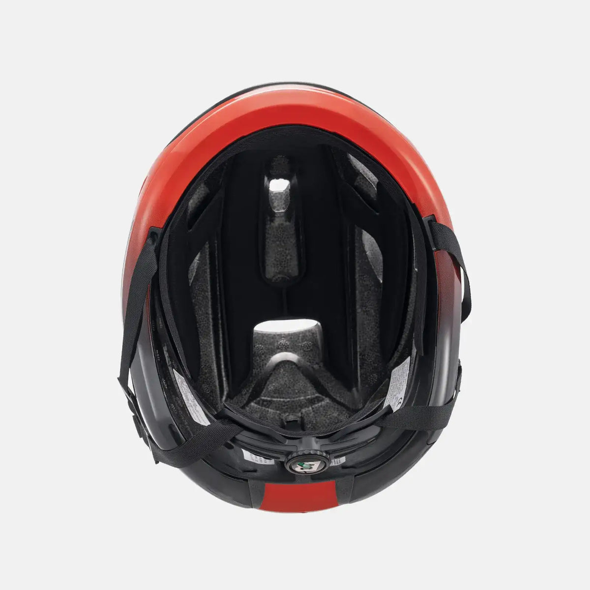 Bike helmet, black shell with red LED ring accents and vent cutouts