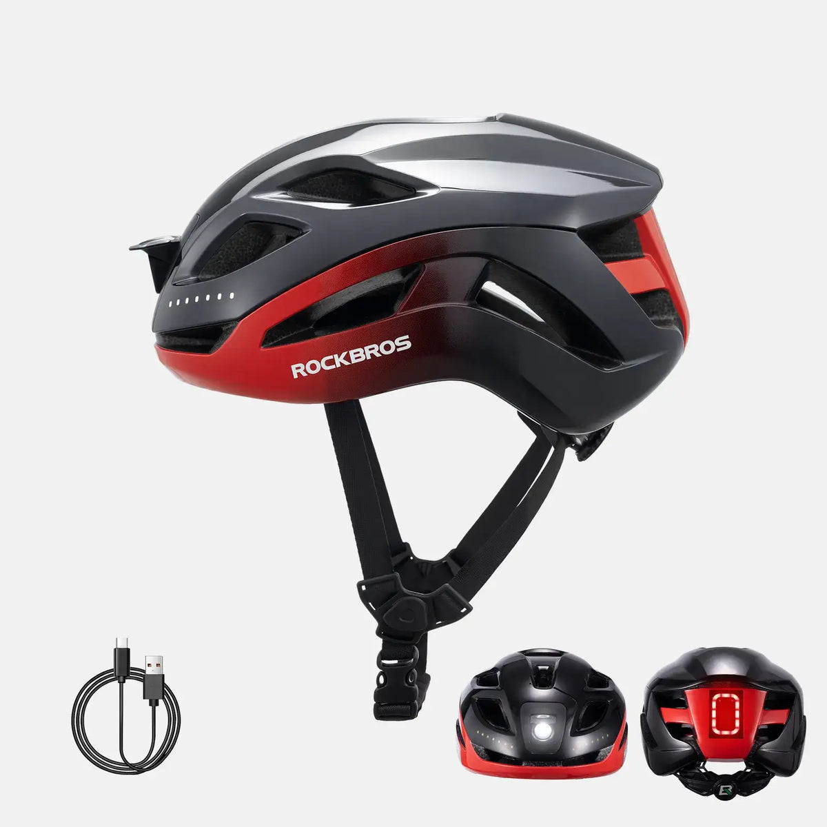 Red-and-black bike helmet with ROCKBROS logo and front white LED strip, side view.