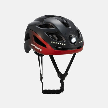 Black bike helmet with red stripe and side LED light bars, three-quarter view.