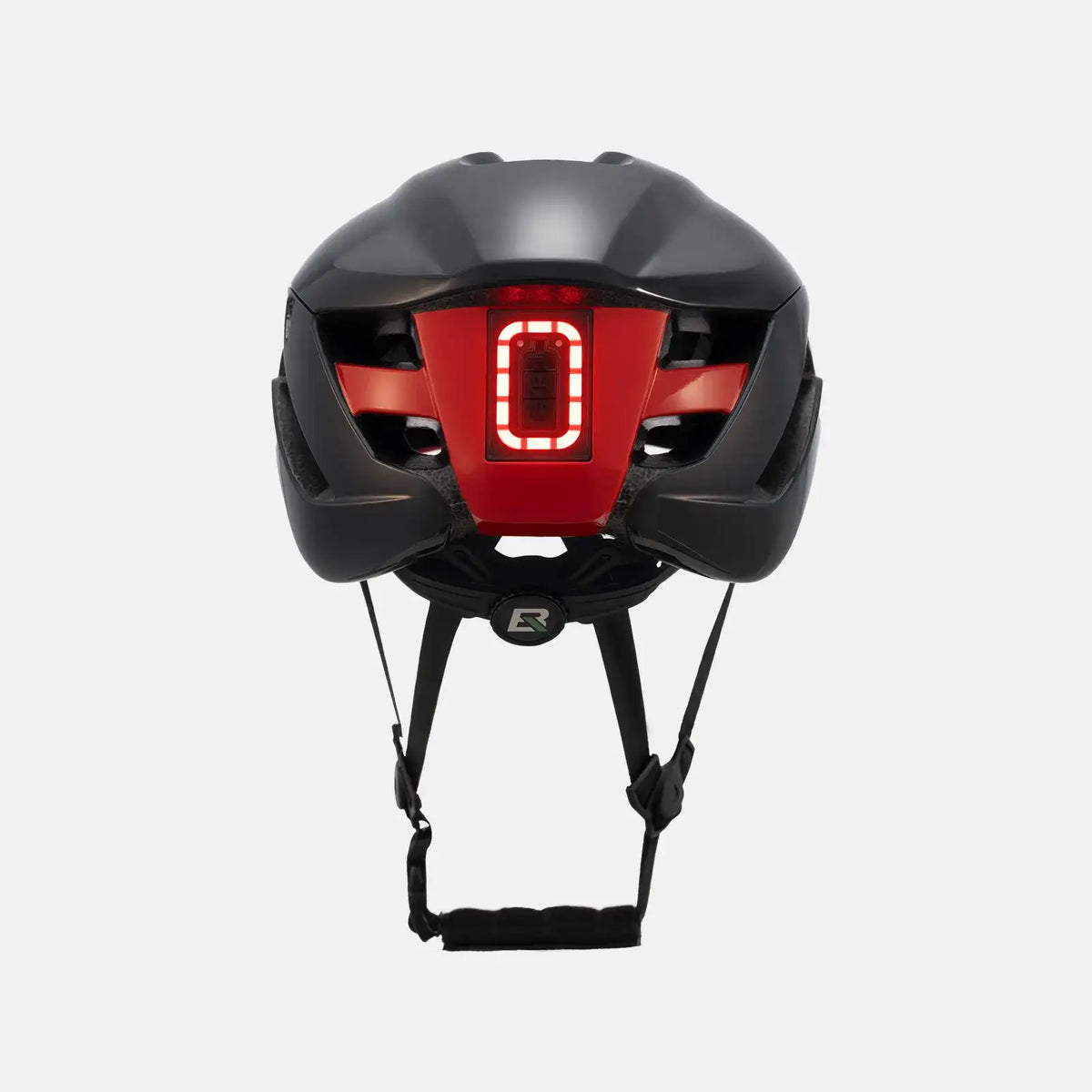 Black bike helmet with red rear LED taillight panel and back vents, rear view.