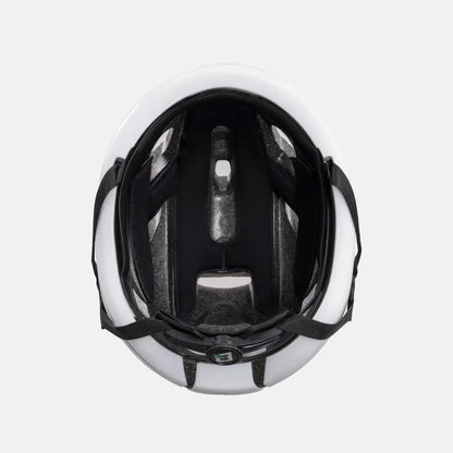 White bike helmet interior view with black padding and rear LED housing