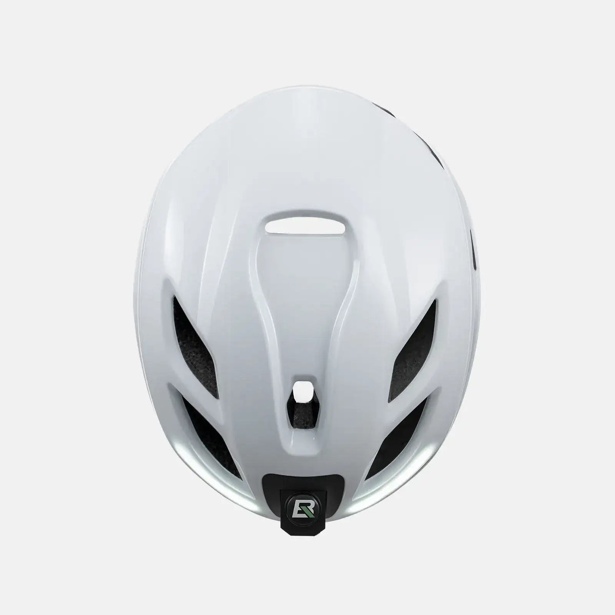 White bike helmet rear shell with vent openings and LED light panel