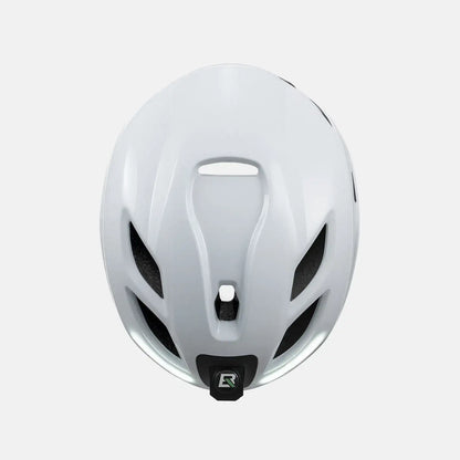 White bike helmet rear shell with vent openings and LED light panel
