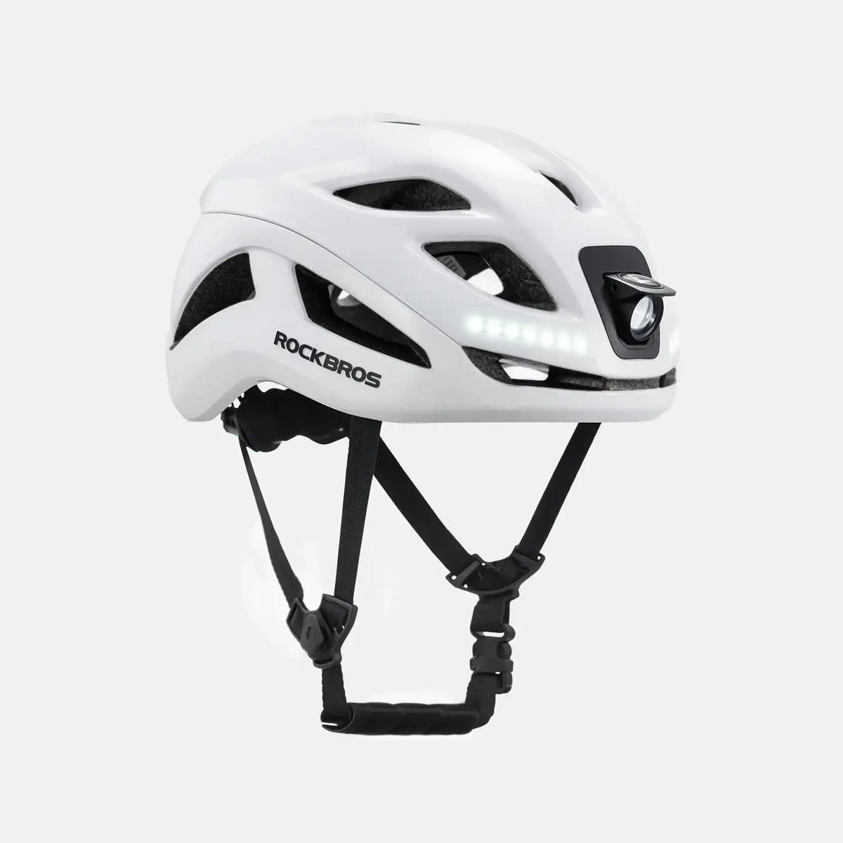 White bike helmet with side vents and built-in LED light strip
