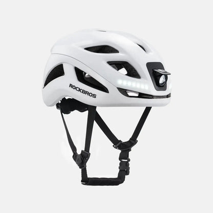 White bike helmet with side vents and built-in LED light strip