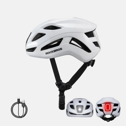 White bike helmet with vents, black chin strap, and ROCKBROS logo