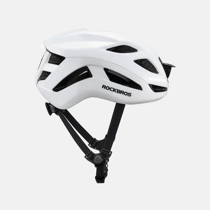 White bicycle helmet with vent openings and adjustable black chin strap