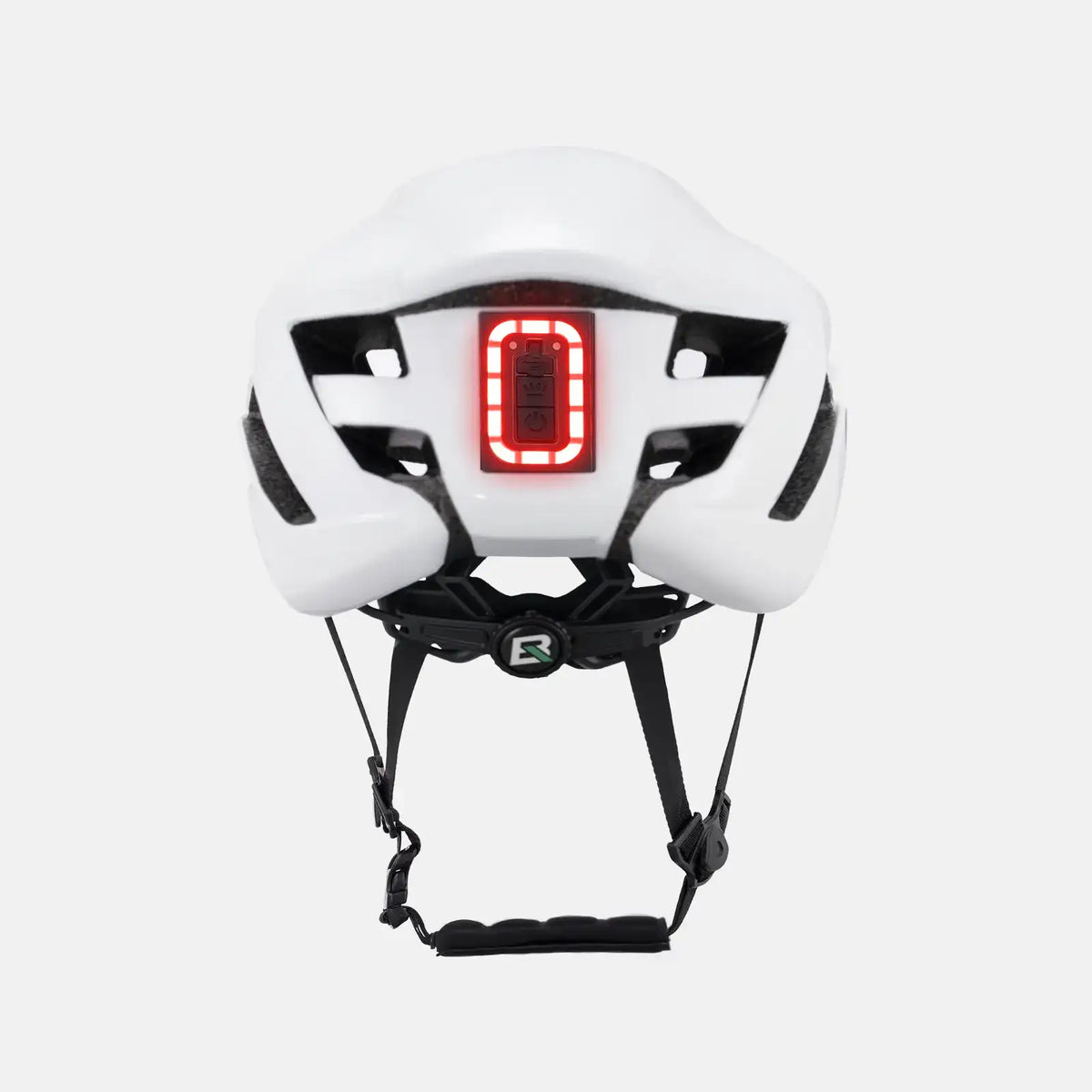 White bike helmet front view with bright red LED light module