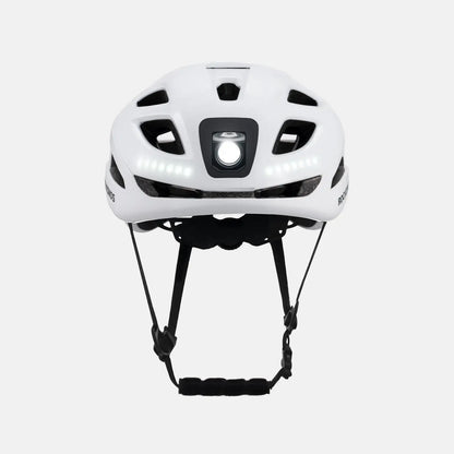 White bike helmet top view with central square LED module and padding