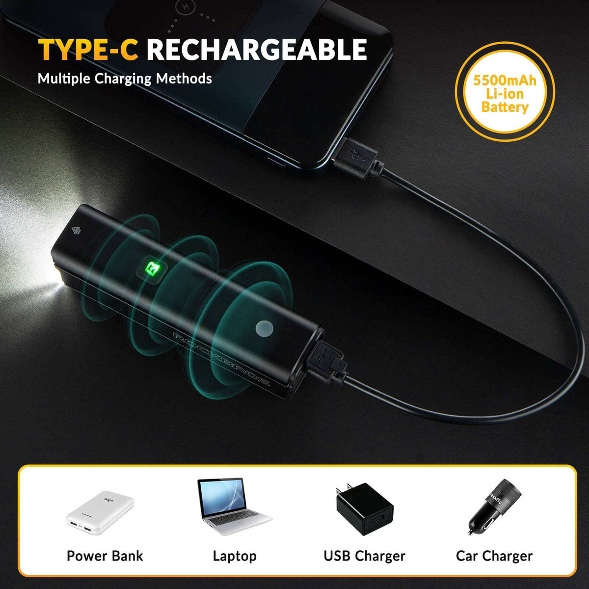 ROCKBROS rechargeable bike front light with USB cable connection and charging options