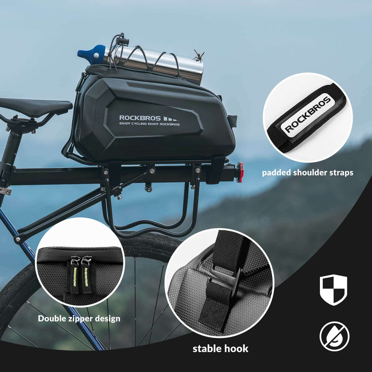 Black rear rack bike trunk bag with padded shoulder straps and double-zip opening