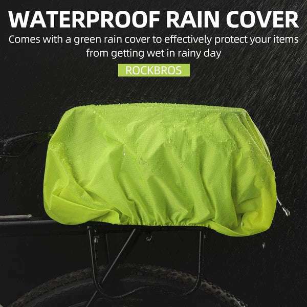 Bike rack bag with included neon green waterproof rain cover over the rear rack