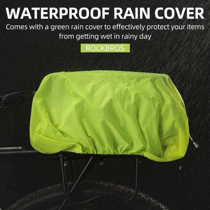 Bike rack bag with included neon green waterproof rain cover over the rear rack