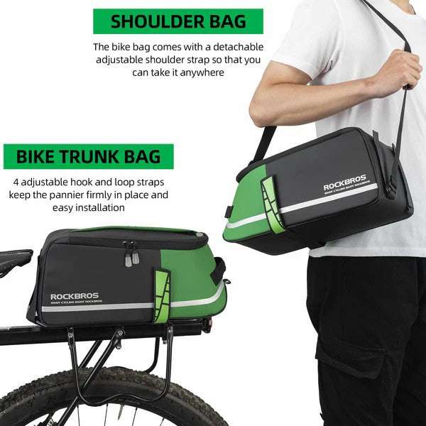 Bike rack bag shown as shoulder bag with detachable strap and rear mounting straps