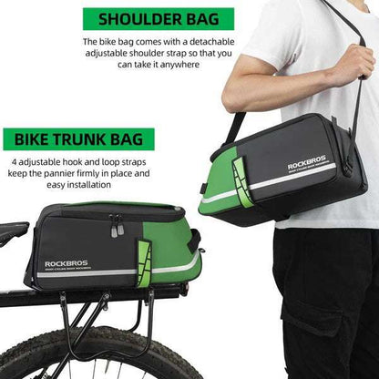 Bike rack bag shown as shoulder bag with detachable strap and rear mounting straps