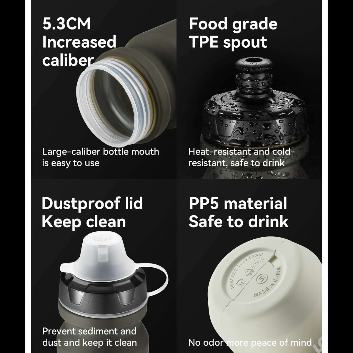 Gray bike water bottle lid and spout details with TPE and PP5 safety features