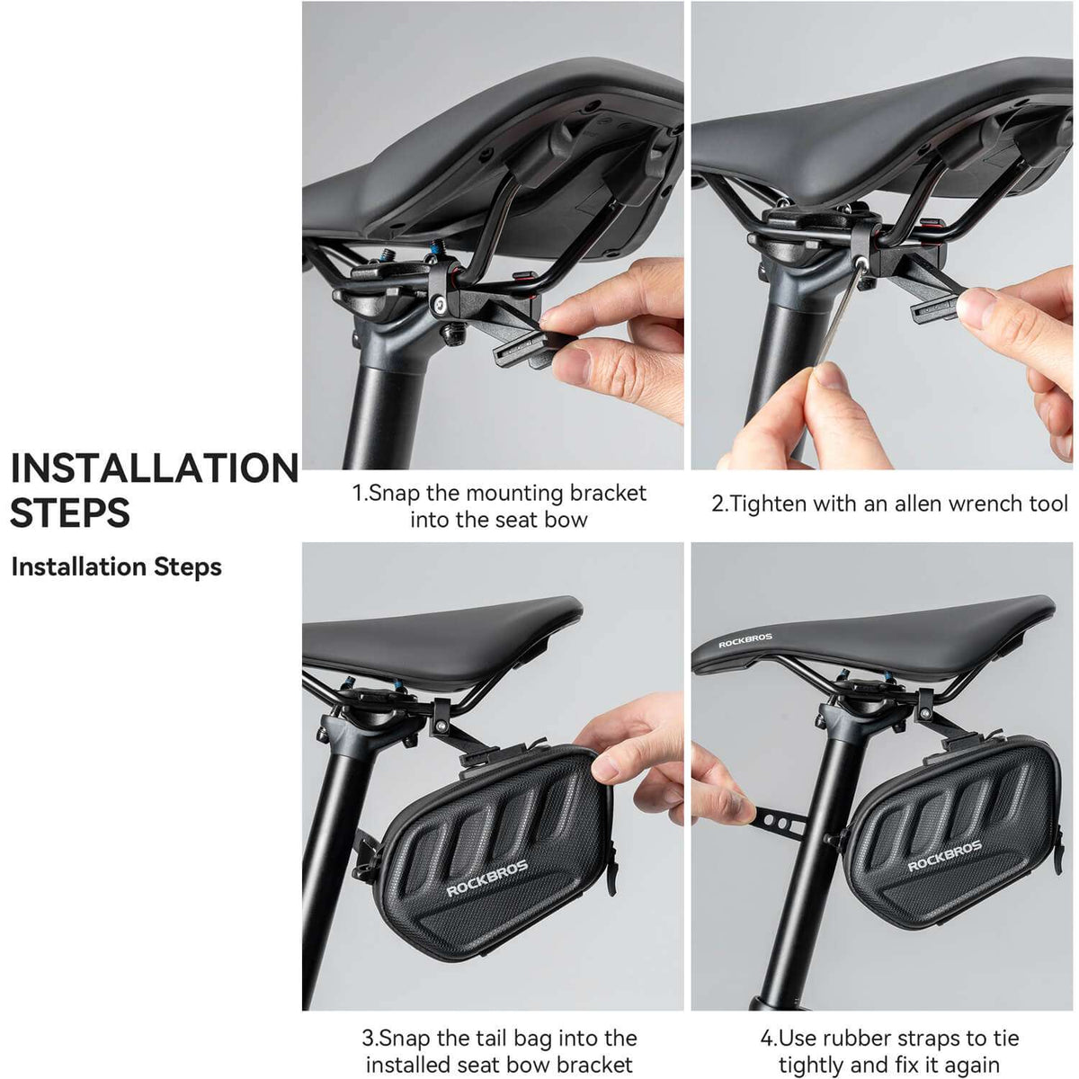Bike saddle bag installation shown: snap-on bracket and rubber strap securing under seat