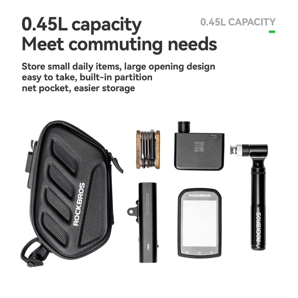 Black hard shell saddle bag with zipper, shown with mounting and storage accessories