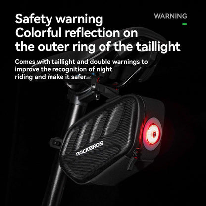 Black saddle bag with colorful reflective ring around red tail light for night visibility