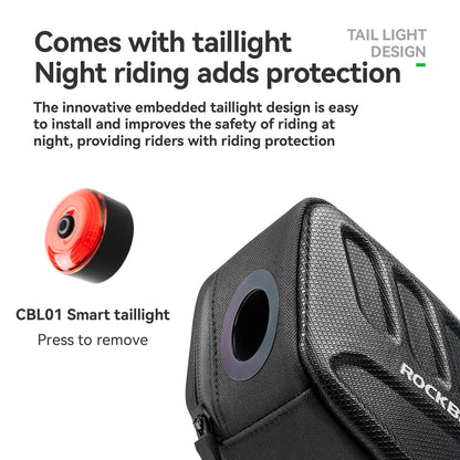 Black saddle bag with embedded tail light, side view with removable light unit