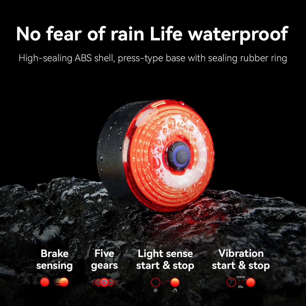 Waterproof hard shell bike saddle bag with bright red LED tail light, black
