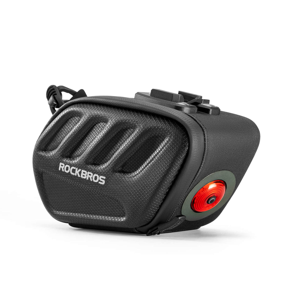 Hard shell bike saddle bag with built-in red tail light, black textured EVA cover