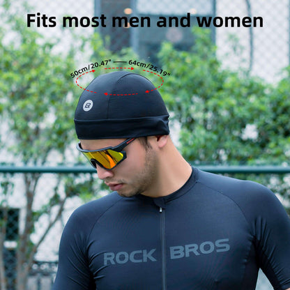 Black cooling helmet liner beanie on rider with eyeglasses and helmet
