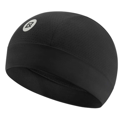 Black cooling helmet liner beanie with small logo and smooth, breathable fabric