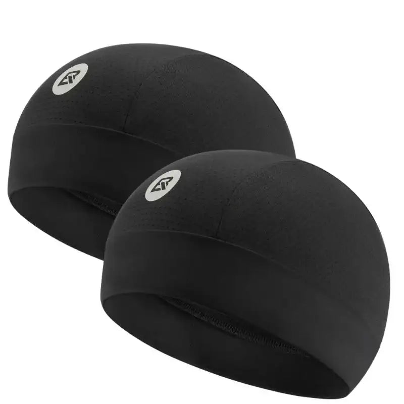 Two black cooling helmet liner beanies with small front logo and elastic fit