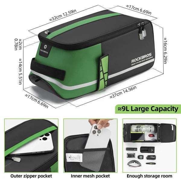 Green and black bike rear rack bag with approximate size dimensions and front profile