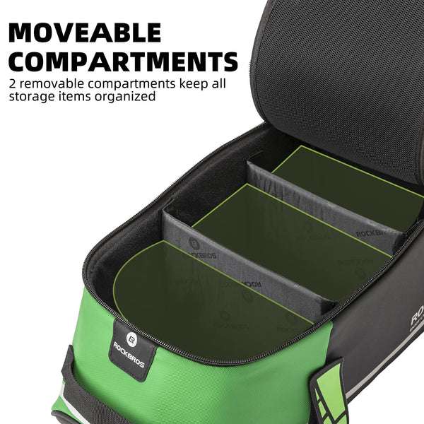 Green and black bike rack bag with open top showing two removable interior compartments