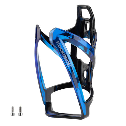 Blue bike water bottle cage with cutout frame and mounting holes, glossy finish.