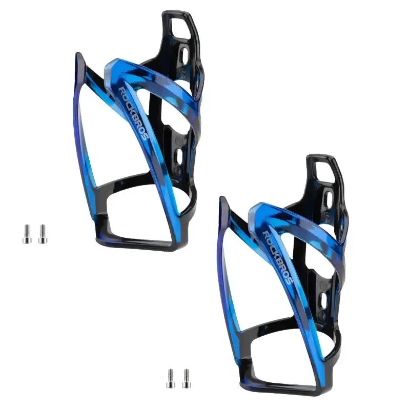 Pair of blue bike water bottle cages with cutout sides and mounting holes.