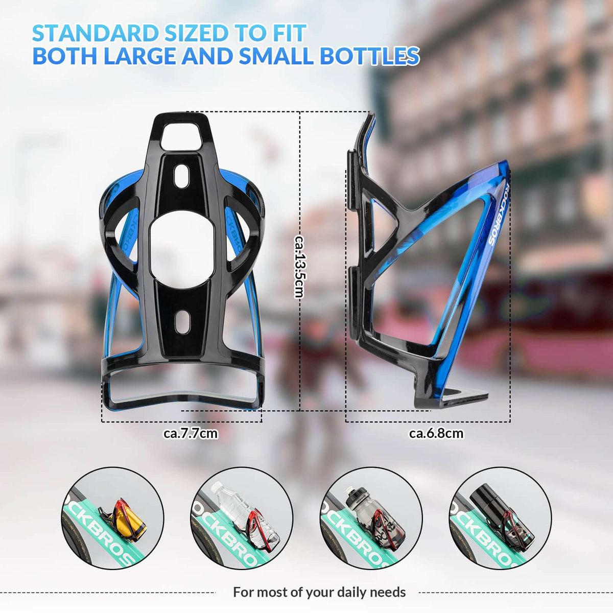 Black bike bottle cage with blue accents, front and side angles