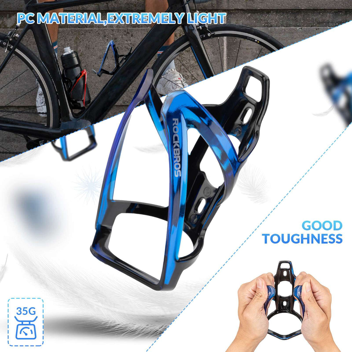ROCKBROS bike water bottle cage, blue frame with four-mount design