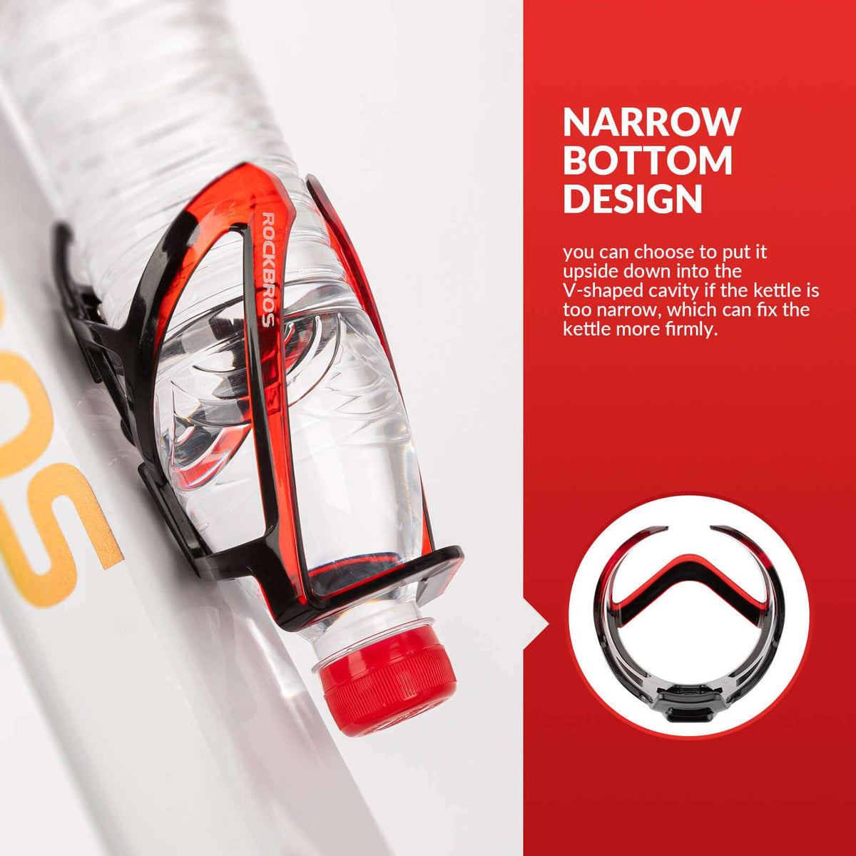 ROCKBROS bike water bottle cage, red close-up with narrow bottom insert