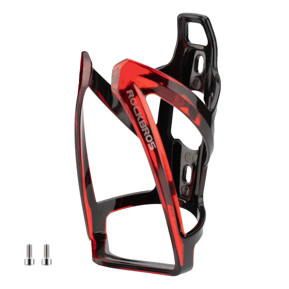 Red and black bike water bottle cage with cutout frame and side mounting holes.