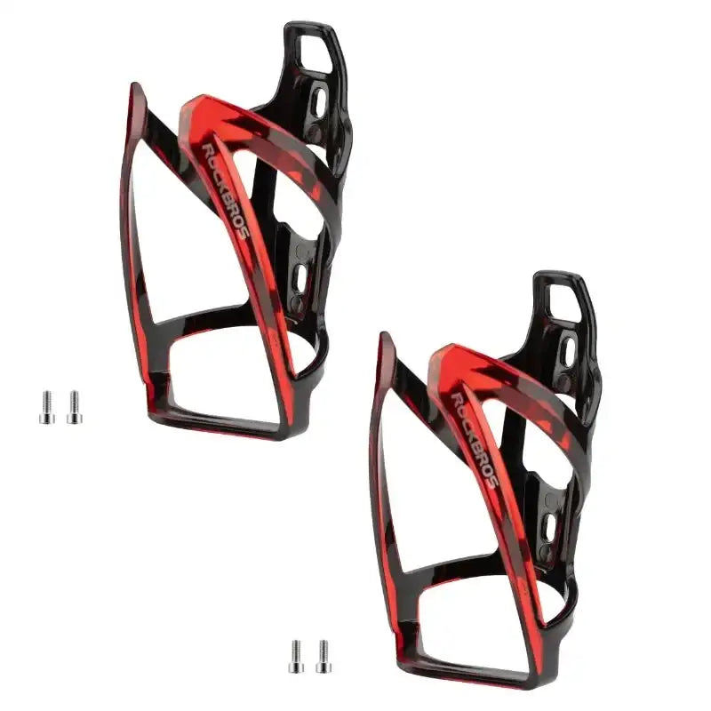 Pair of red bike water bottle cages with black accents and mounting holes.
