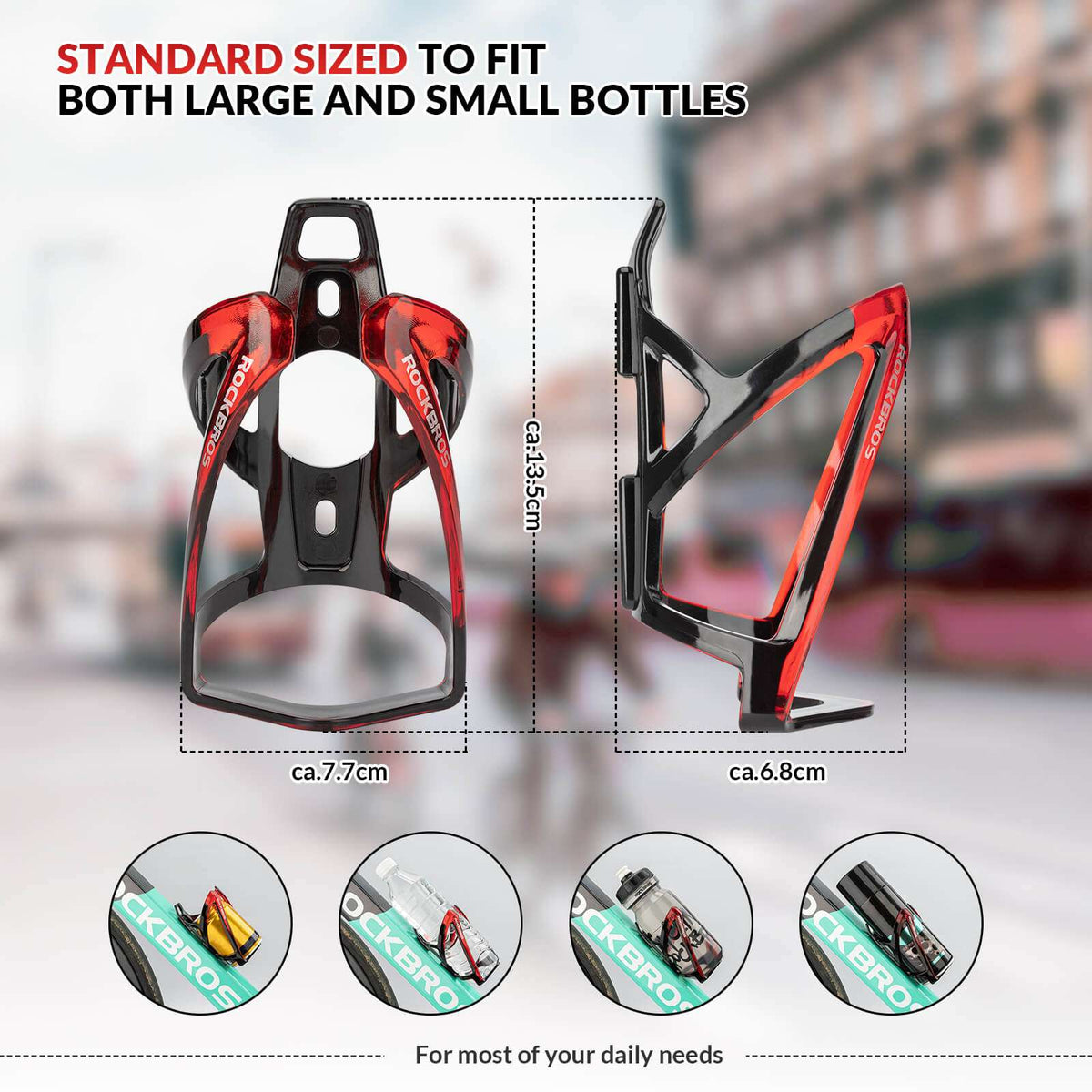 Bike bottle cage with red frame and black core, front and side angles