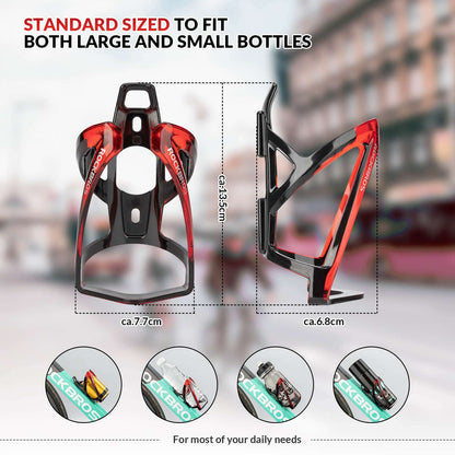 Bike bottle cage with red frame and black core, front and side angles