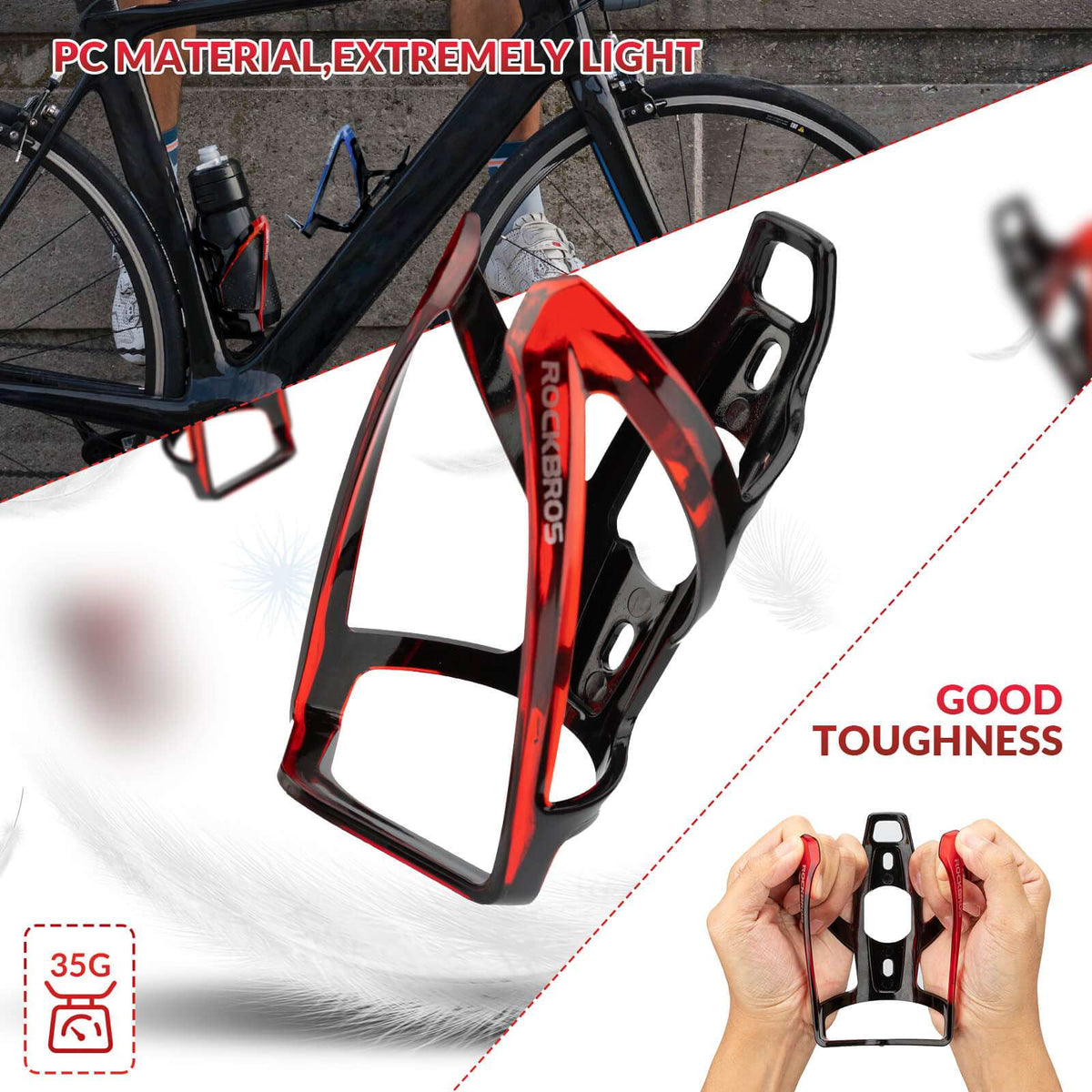 ROCKBROS bike water bottle cage, red frame with black highlights and mounting holes
