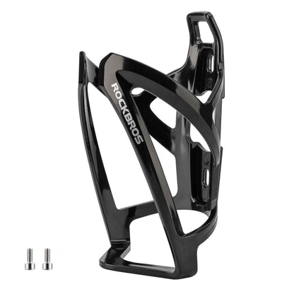 Black bike water bottle cage with cutout frame and mounting holes, ROCKBROS logo.