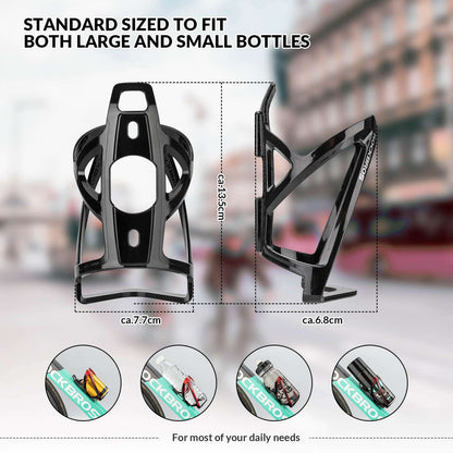 Black bike bottle cage with open cradle, front and side angles