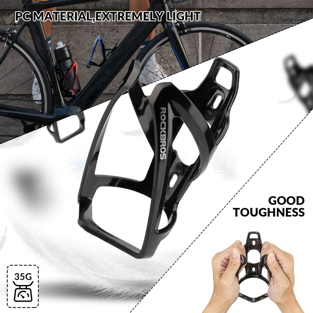 ROCKBROS bike water bottle cage, black frame with four-mount design