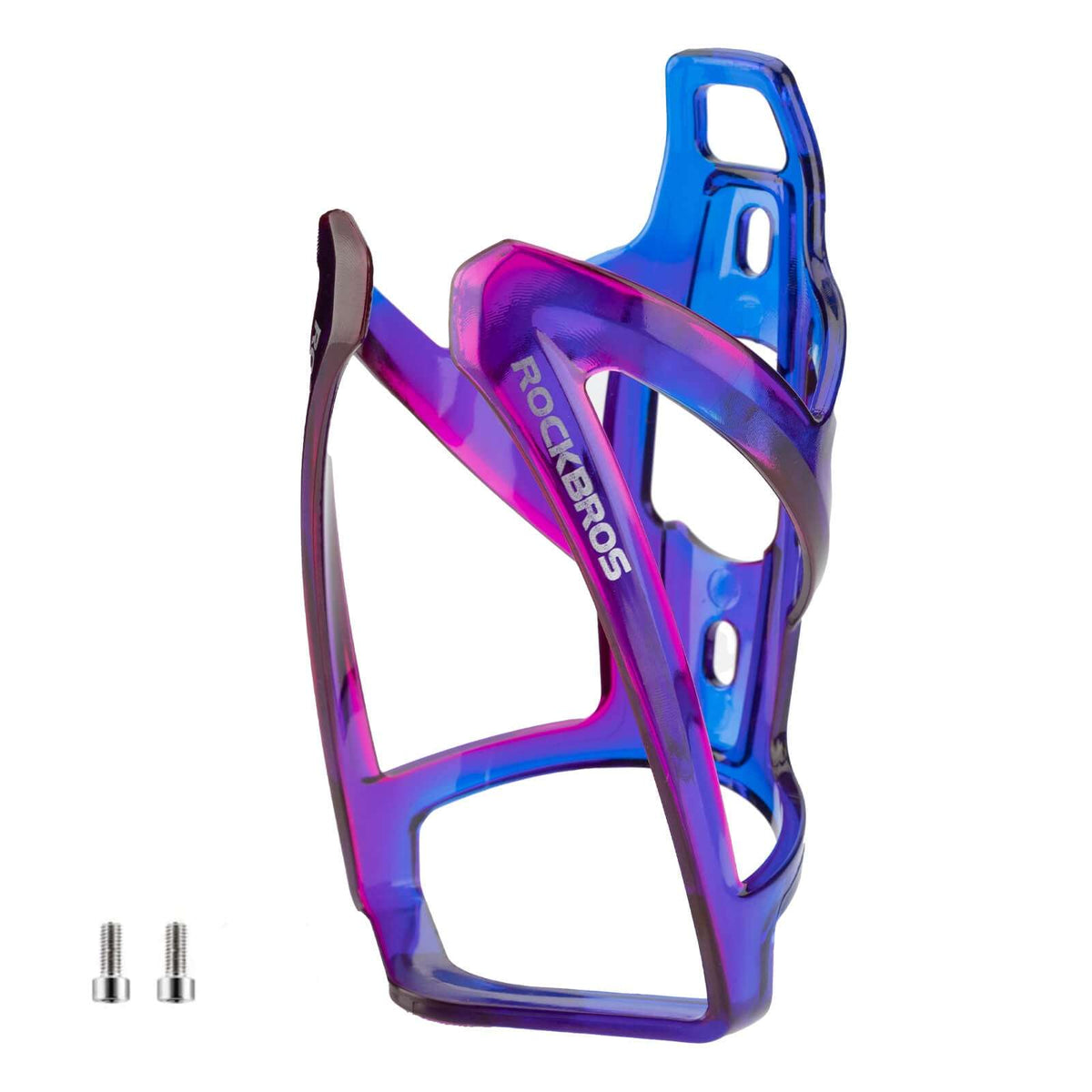 Purple and blue bike water bottle cage with cutout frame and mounting holes.