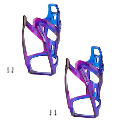 Pair of purple and blue bike water bottle cages with mounting holes and cutout design.