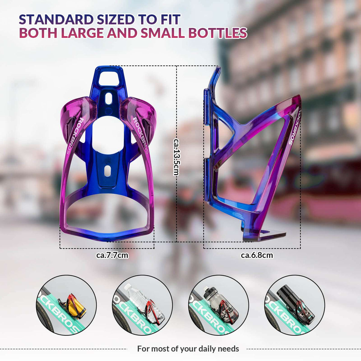 Blue bike bottle cage with purple accents, front and side angles