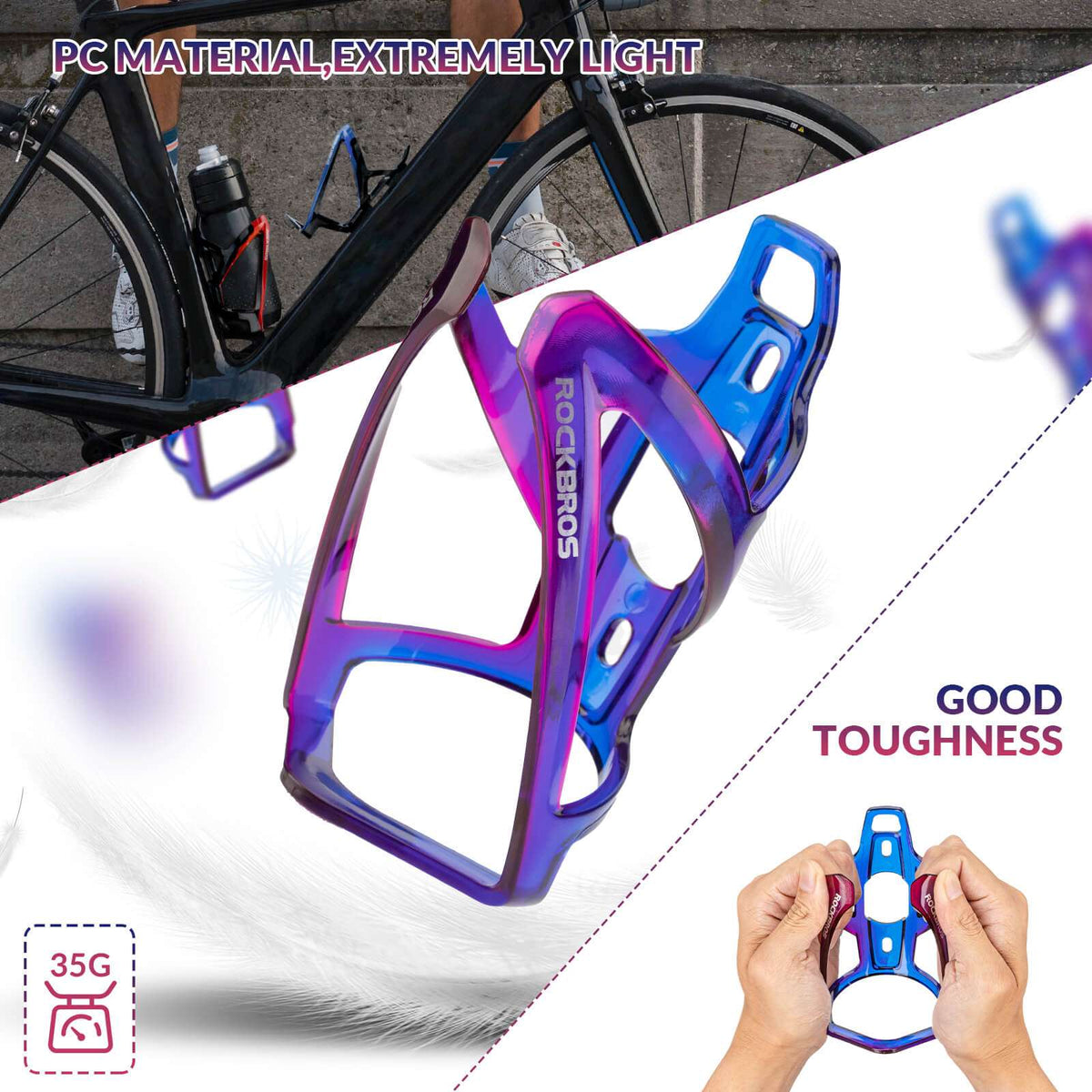ROCKBROS bike water bottle cage, blue and pink gradient frame with mounting holes