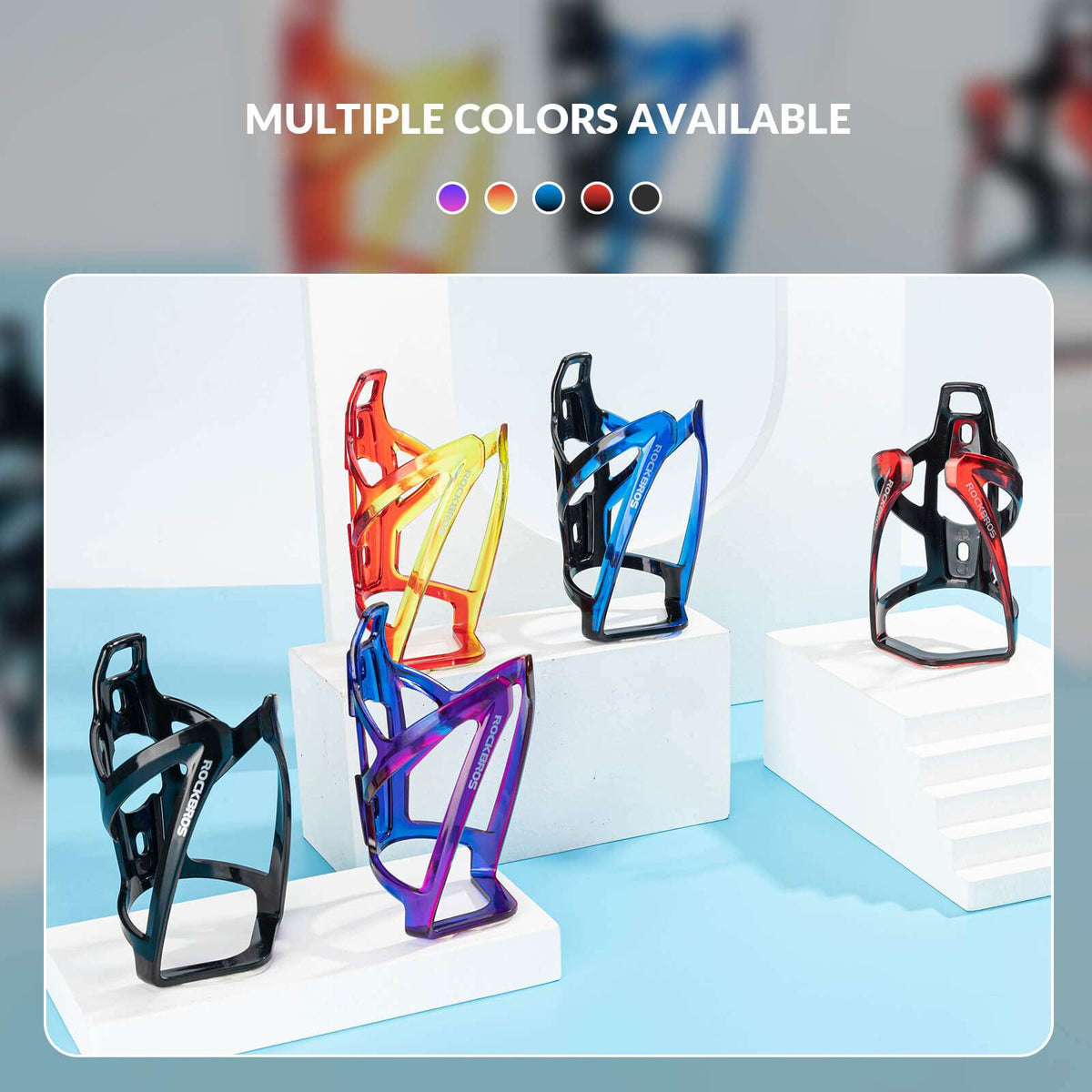 Bike bottle cages in multiple colors displayed on white blocks