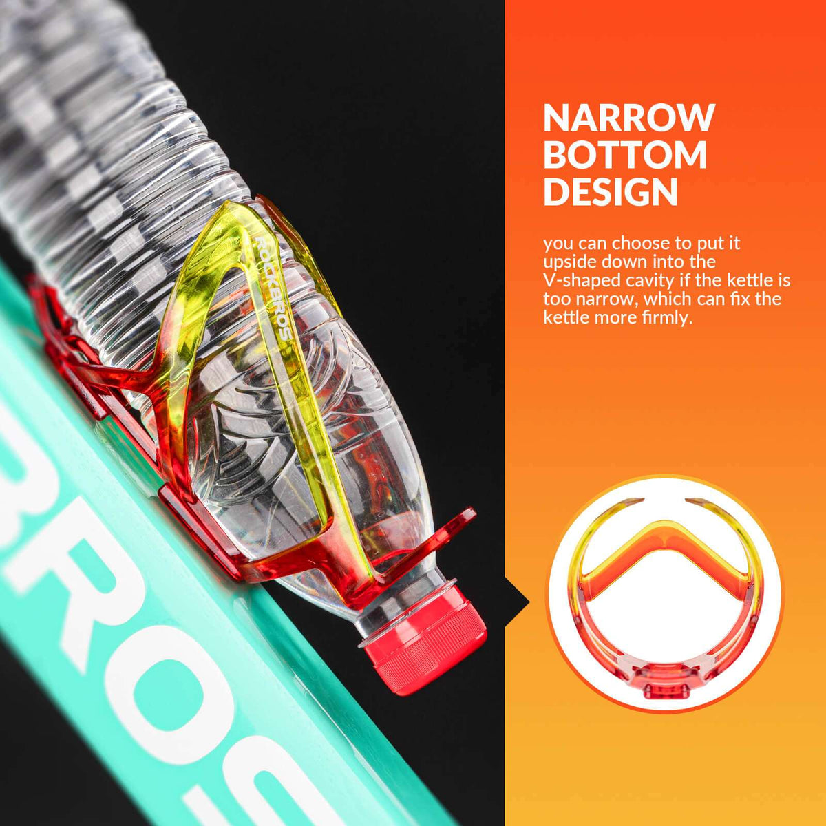 ROCKBROS bike water bottle cage, neon yellow close-up with narrow bottom insert